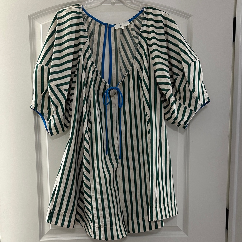 Striped Green & White Romper with Blue Trim